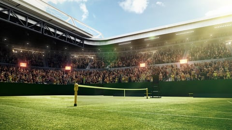 Tennis court stadium with fans sitting on tribune, open air setting
