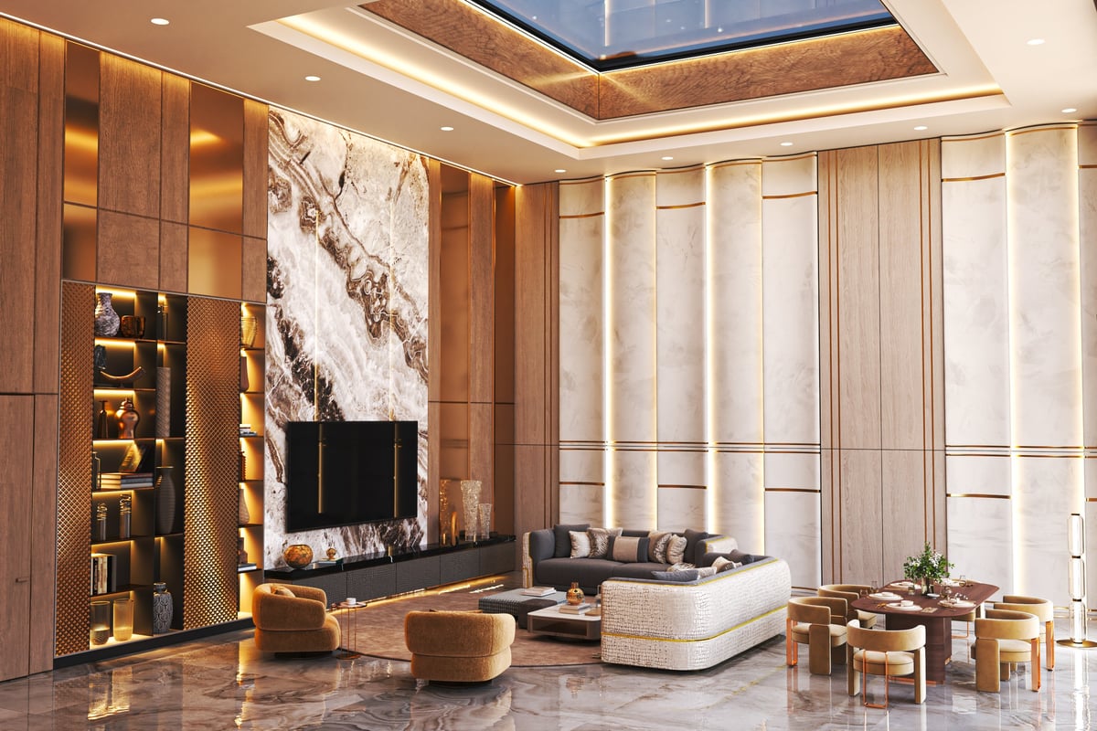 A stunning living room featuring a marble accent wall, warm wood paneling, and soft ambient lighting