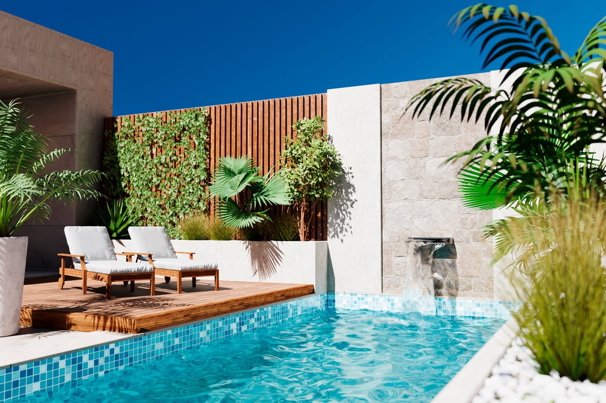 Modern style architecture exterior vacation villa with luxury swimming pool and tropical tree garden