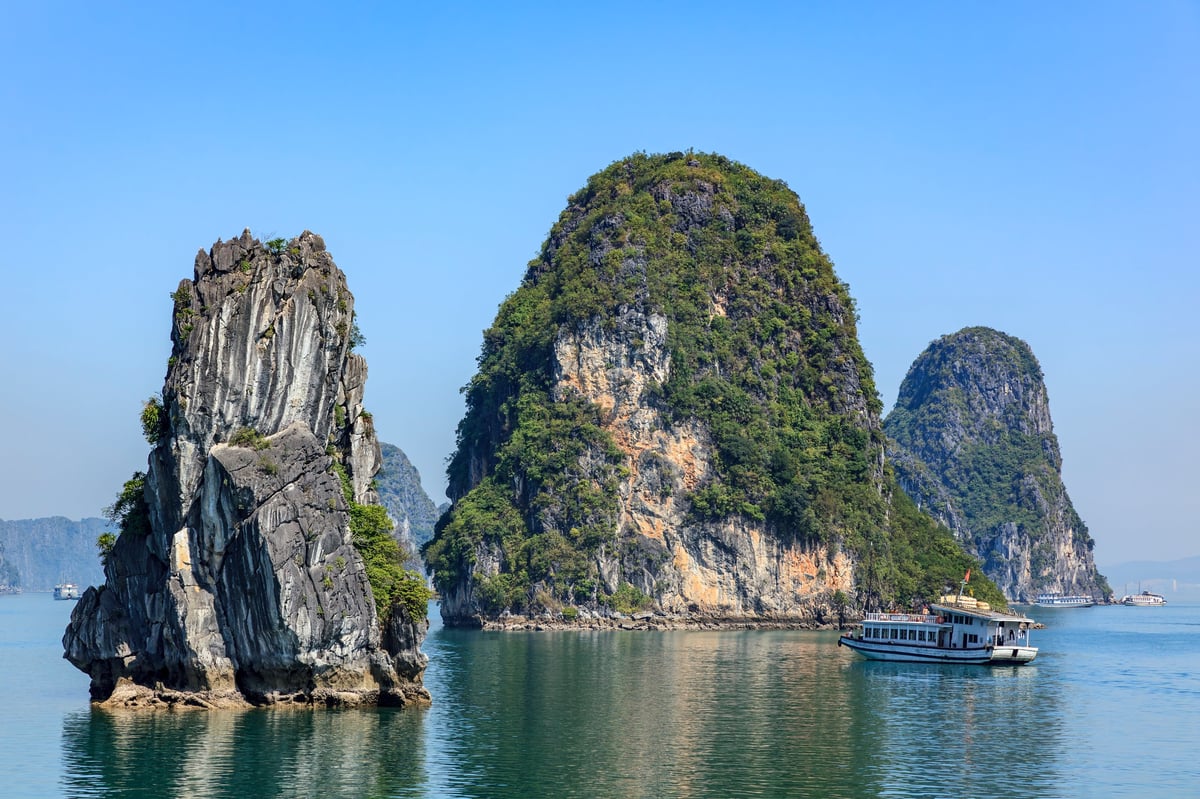 Emerald waters and towering limestone islands of Ha Long Bay, Vietnam, a UNESCO World Heritage site.