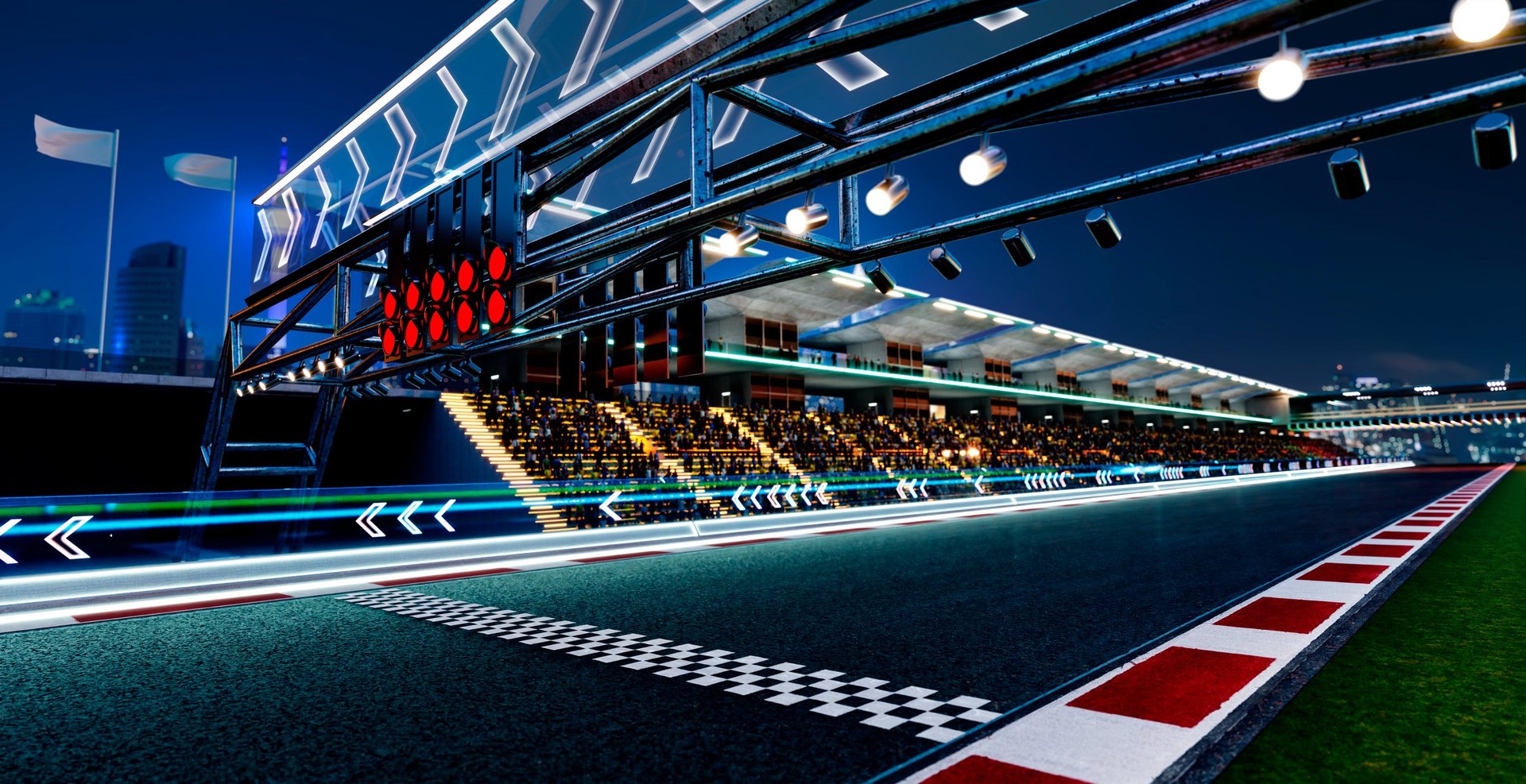 Racetrack starting grid with lights and grandstands at night, anticipating a speed event