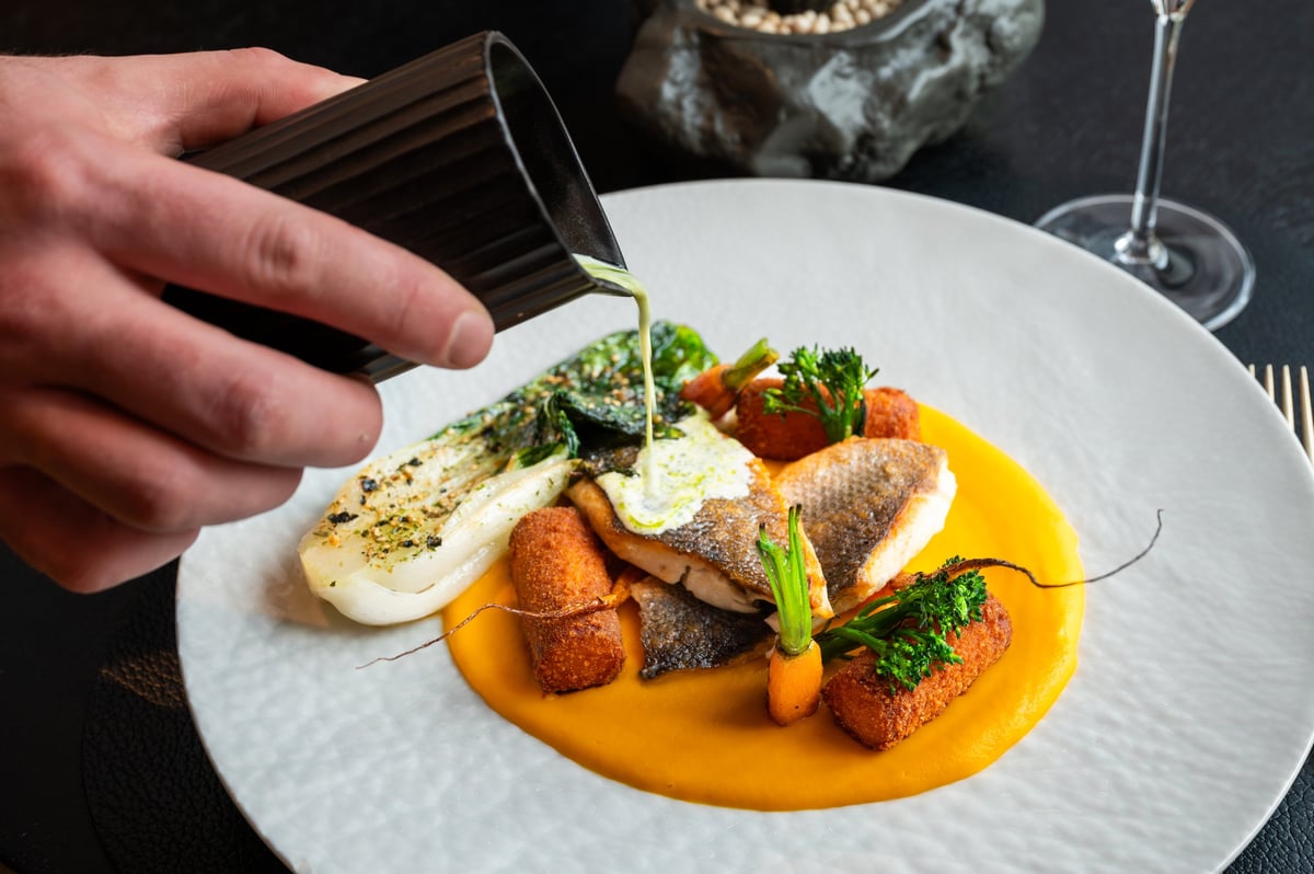 Premium fish dish with artistic garnish in upscale dining