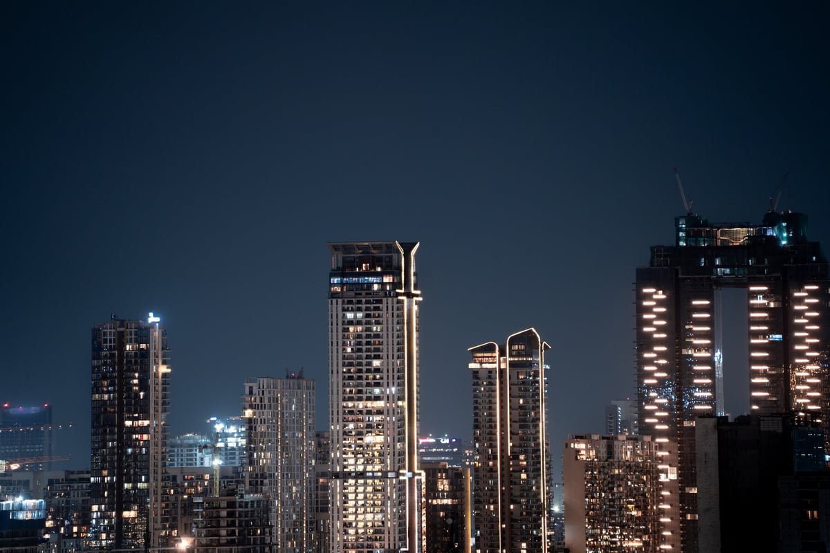 Modern highrise skyscrapers at night