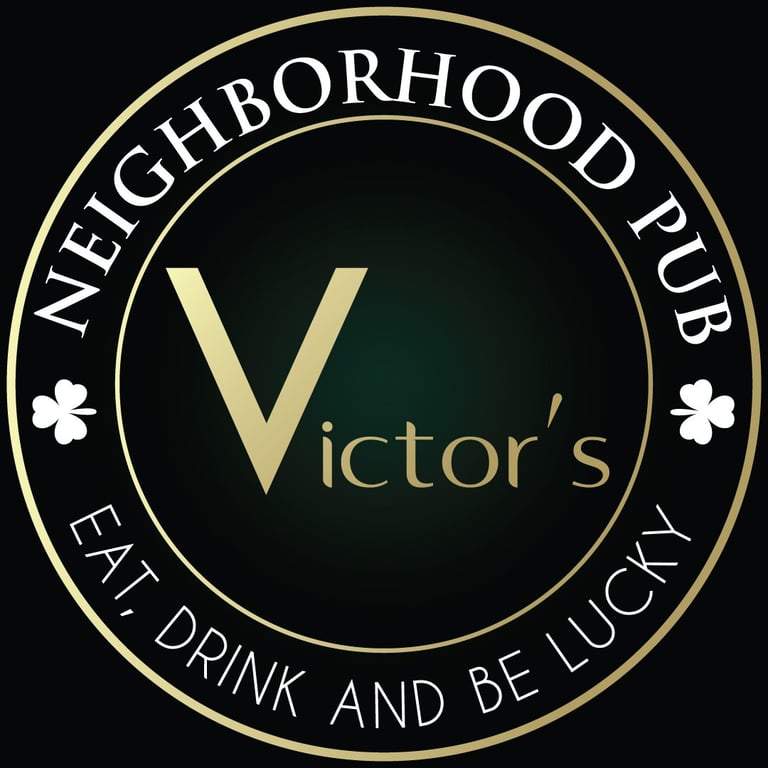 Victors Neighborhood Pub logo with golden text and clover symbols on dark background, tagline Eat Drink and Be Lucky