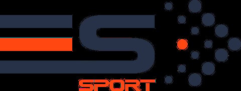 Sport logo with stylized S shape in dark blue, orange accent line, and dispersing dots pattern on black background