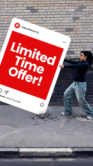 Person holding a large Instagram post mockup with red Limited Time Offer banner against a brick wall