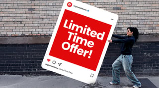 Person holding an oversized Instagram post displaying Limited Time Offer text against a brick wall