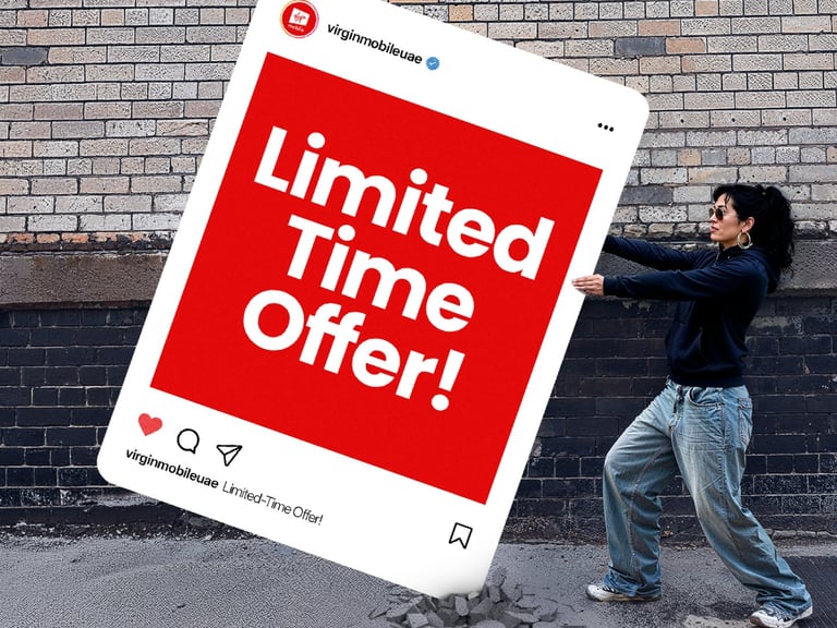 Person holding oversized Instagram post with red Limited Time Offer banner against brick wall