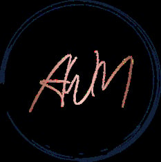 Handwritten initials ARM in rose gold text on black background within dark blue circular border