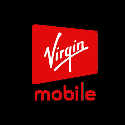 Virgin Mobile logo featuring red rectangular sign with white cursive Virgin text and red mobile word below
