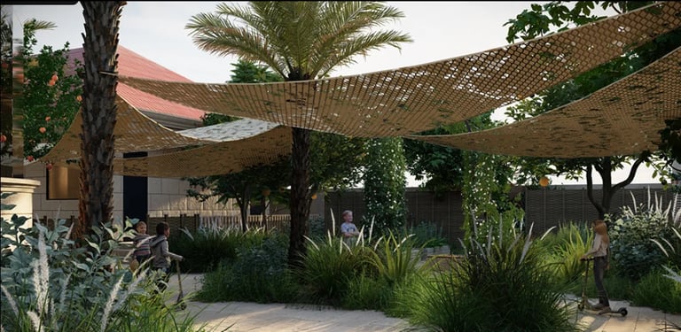 Modern patio with shaded pergola, palm trees, and tropical plants surrounding a bright outdoor seating area