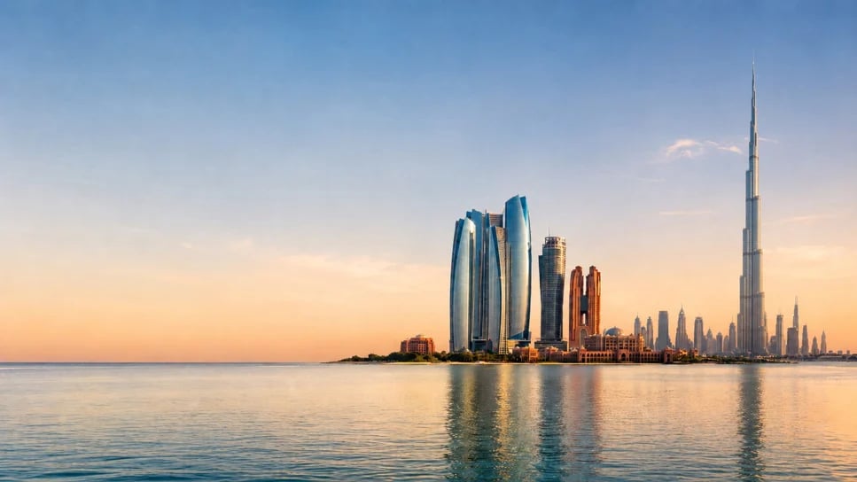 Dubai skyline at sunset with Burj Khalifa and modern skyscrapers reflected in calm Arabian Gulf waters