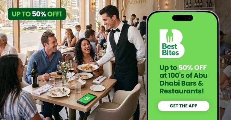 BestBites app promotion showing diners at a restaurant with phone displaying up to 50% off offer on Dhabi bars and restaurants