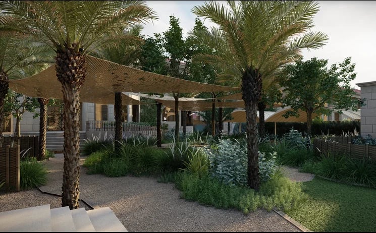 Architectural rendering of a modern outdoor pavilion with pergola shade structure, palm trees, and desert landscaping with people walking