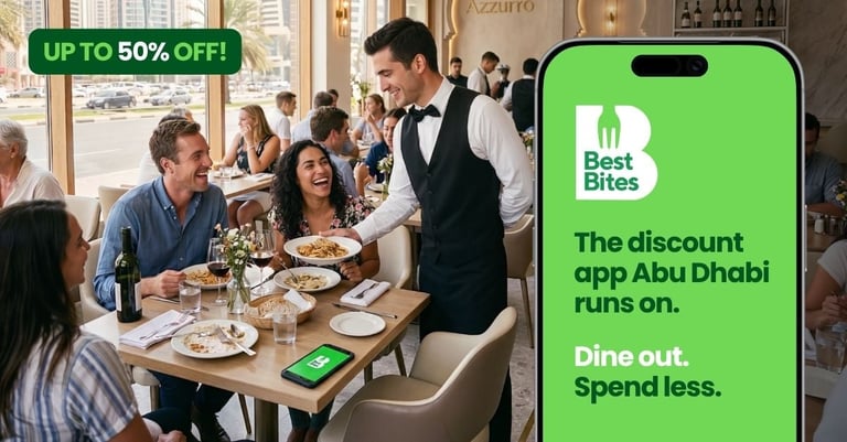 Restaurant scene with diners and waiter next to smartphone showing Best Bites discount app interface with up to 50% off promotion