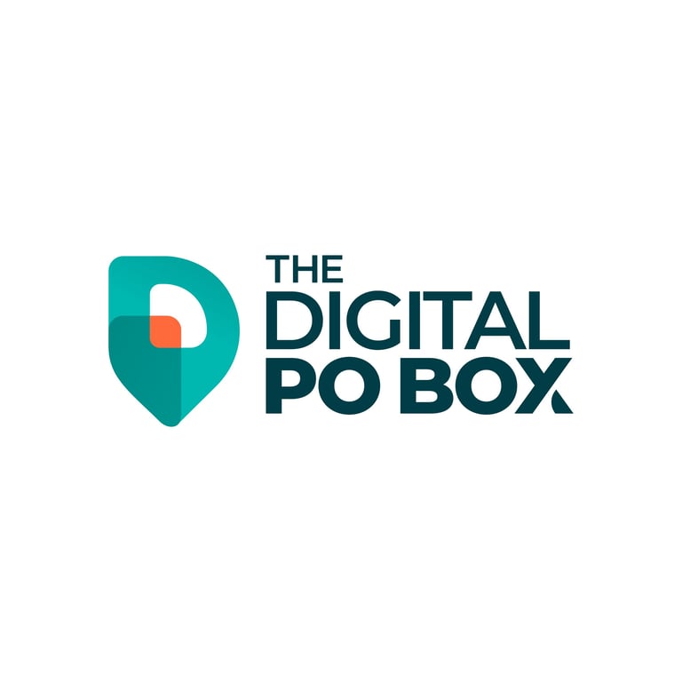The Digital PO Box logo featuring a teal shield with white and orange letter D design next to dark blue company name text