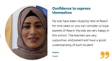 Parent testimonial with woman wearing hijab smiling at camera, text about school confidence and teacher support