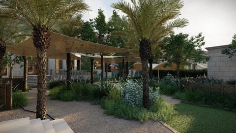 Modern outdoor pavilion with wooden pergola, palm trees, and landscaping. People gathered in shaded seating area with desert plants and gravel pathways.
