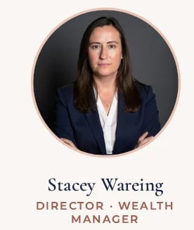 Professional headshot of Stacey Wareing, Director and Wealth Manager, wearing a dark blazer and white shirt against a dark background