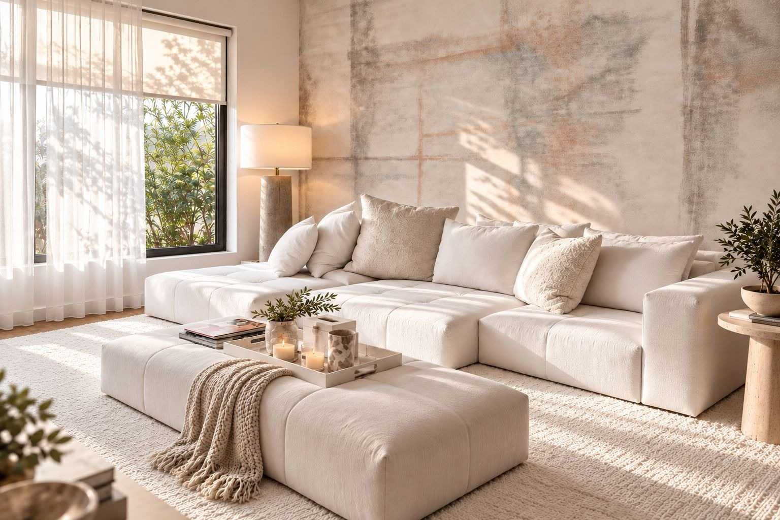 Bright, minimalist living room with cream sectional sofa, upholstered ottoman, large windows, and neutral earth-tone decor