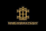 Gold Hers Consultancy logo featuring ornate decorative frame with cross symbol on black background