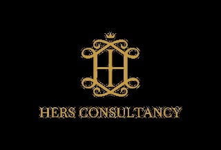 Gold Hers Consultancy logo featuring ornate decorative frame with cross symbol on black background