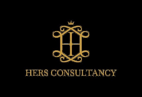 Gold Hers Consultancy logo featuring ornate decorative frame with cross symbol on black background