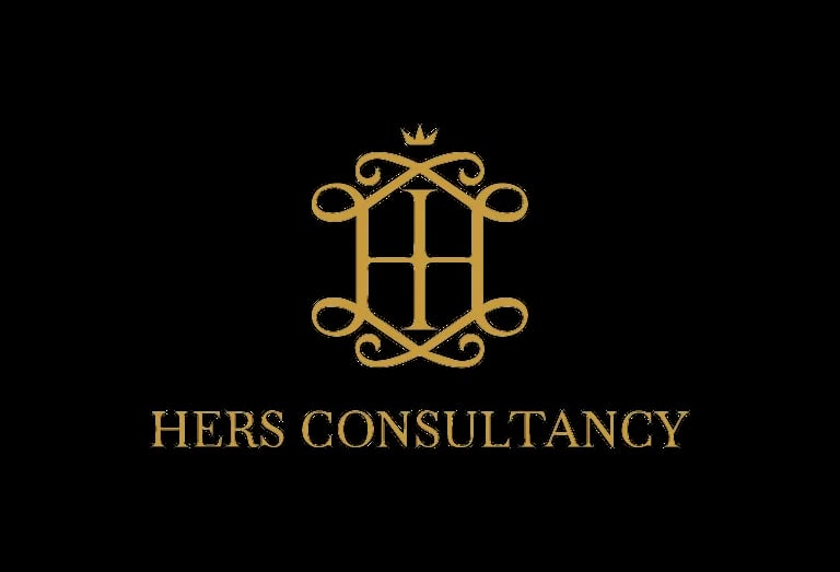 Gold Hers Consultancy logo featuring ornate decorative frame with cross symbol on black background