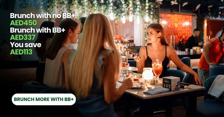 Women enjoying brunch at an Abu Dhabi restaurant with pricing information displayed: Brunch without BB+ AED450, with BB+ AED337, savings AED113