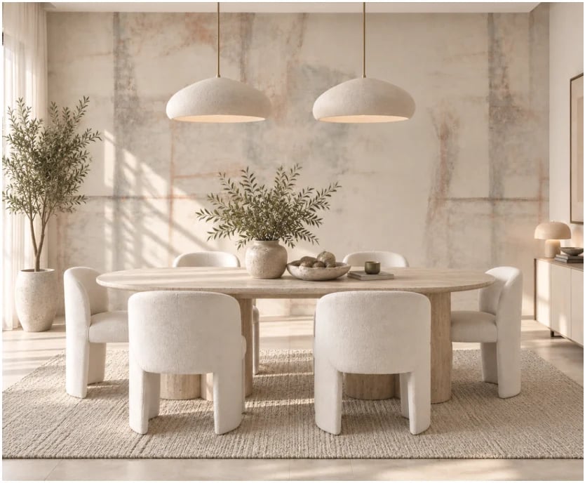 Minimalist dining room with oval wood table, white sculptural chairs, pendant lights, potted plants, and neutral beige wall backdrop