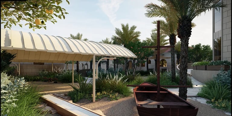 Modern outdoor pavilion with striped awning, surrounded by palm trees and landscaping in a residential courtyard setting