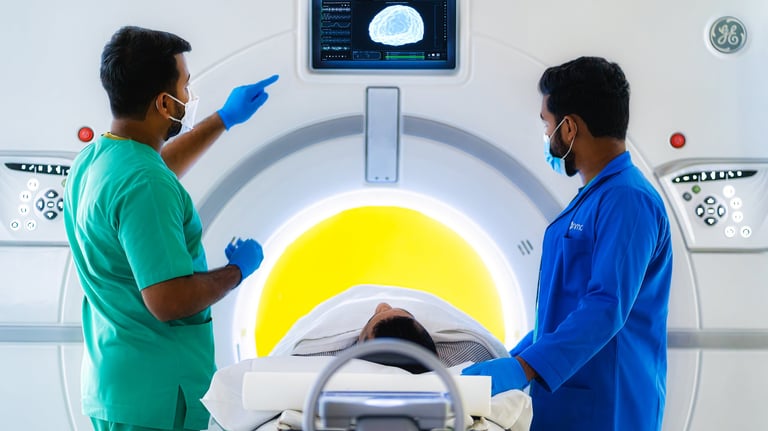 Two medical technicians in blue and green scrubs operating an MRI machine in a hospital setting